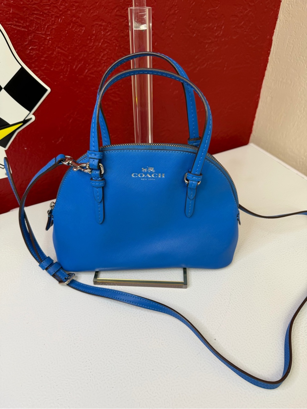 COACH Electric Blue Leather Mini Dome Satchel with Crossbody Strap